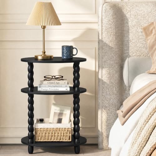 3-Tier Oval Side Table, Small End Table with Solid Wood Spindle Legs Black