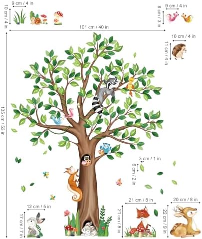 decalmile Woodland Animals Tree Bear Fox Deer Wall Decals Stickers (XL)