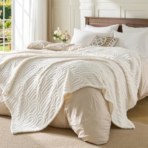 BEDELITE Cream White Boho Fleece Throw Blanket for Couch, 50x60 Inches