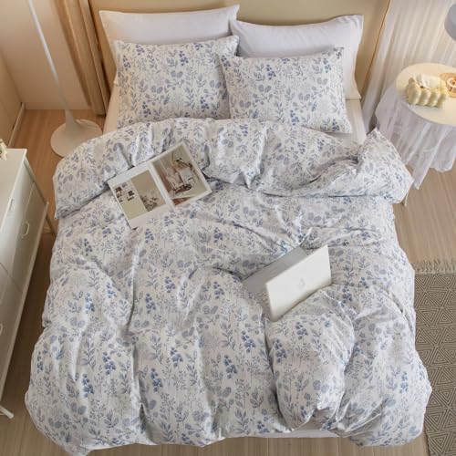 Queen Comforter Set White Blue Floral Bedding Comforter Set Queen Vintage Style Garden Floral Comforter Set for Girls Botanical Flower Comforter Set for All Seasons 1 Boho Comforter with 2 Pillowcases