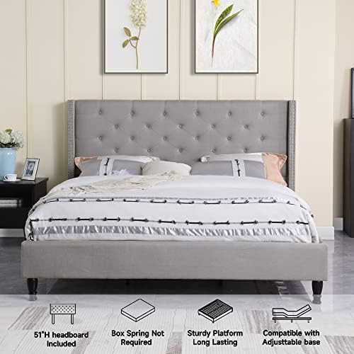 Full Upholstered Platform Bed Frame with 51" Tall Headboard - Button Tufted Cloth Bed - Wood Slat Support with Storage Space - No Box Spring Needed - Easy Assembly - Grey - Oliver & Smith - Astor