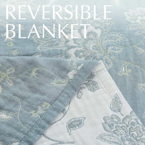jinchan 100% Cotton Muslin Blanket Queen Boho Bed Blanket 80x90 Blue/White