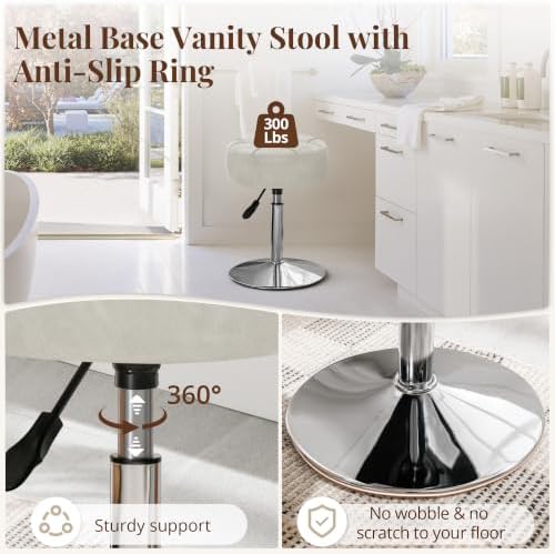 LUE BONA Adjustable Vanity Stool, 360°Swivel Vanity Chair Stool for Makeup Room, Light Greige Stool Chair for Vanity, Small Velvet Vanity Stool for Bathroom, Living Room