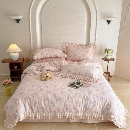 Pink Floral Duvet Cover Set Queen Size 68"×86",100 Cotton Muslin Duvet Cover with 2 Pillowcases,Lace Ruffled Zipper Bedding Set for Kids Teen Girls,Breathable Soft Comforter Covers 90"×90"