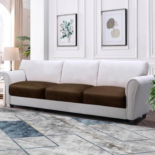 Couch Cushion Covers Leather-Look 3PC Stretch Extra Large Sofa Seat Slipcover Sets Individual Couch Seat Cushion Cover, Pet-Friendly, Non-Slip, Easy Fit - Dark Brown