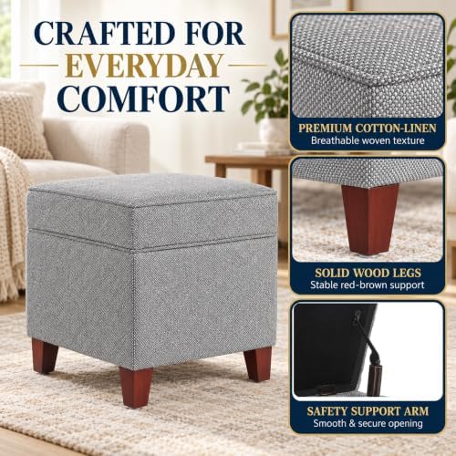 Adeco 17 Inch Square Linen Storage Ottoman for Living Room & Bedroom, Small Upholstered Footrest Stool with Hinged Lid and Wood Legs, Modern Accent Furniture, Light Gray