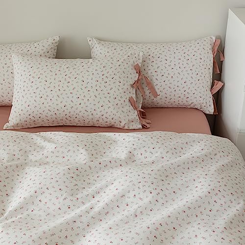 Pink Flower Stripes Duvet Cover Set Twin 100% Cotton Blossom Duvet Cover with Zipper Closure,Cottagecore Bedding Set for Girls Women-68 x86,Off-White