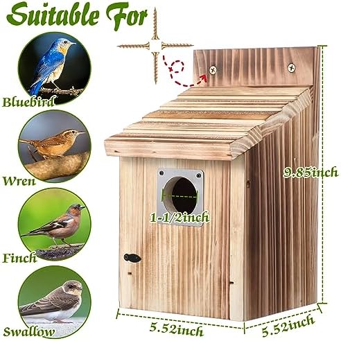 Dreyoo 4 Pack Bluebird Houses for Outside with Metal Predator Guard, 1-1/2" Entrance Hole Wooden Blue Bird Houses for Outdoors, Bluebird Nesting Box(Light Burnt Wood)