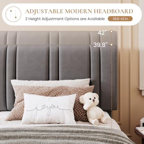 SHA CERLIN Twin Size Velvet Bed Frame with Adjustable Headboard, Grey