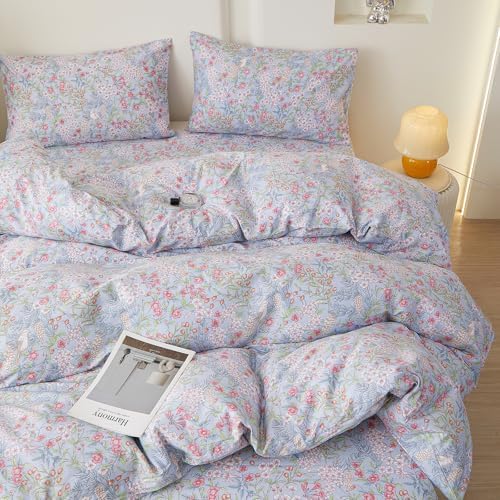 HighBuy Floral Pattern Duvet Cover King Size,Farmhouse 100% Cotton Soft Breathable Cottagecore Bedding Set for Women Girls,1 Duvet Cover and 2 Ruffle Pillowcases,Blue