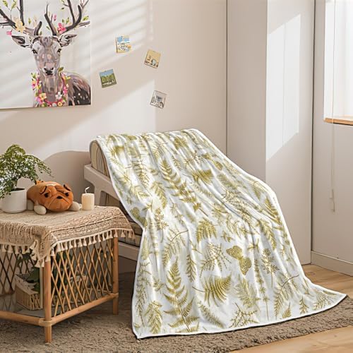 JAWO Floral Throw Blanket, Gold White Flower Throws Wildflowers Botanical Plant Printed All Seasons, Vintage Yellow Butterfly Flannel Blanket for Bedding Sofa Travel Couch Chair Sofa Home Decor,60x90