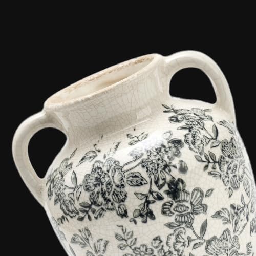 Vintage Vase with Handles, Ceramic Utensil Holder, Flower Decorative Vase Chinoiserie Decor Rustic Farmhouse Retro Floral Vases for Table Bookshelf Mantel Kitchen Living Room Office - 6.7” Gray 018