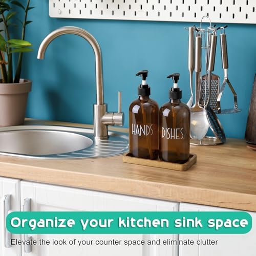 ALELION Amber Dlass Soap Dispenser for Kitchen - 16 OZ Hand and Dish Soap Dispenser Set with Acacia Wood Tray - for Kitchen Decor and Accessories