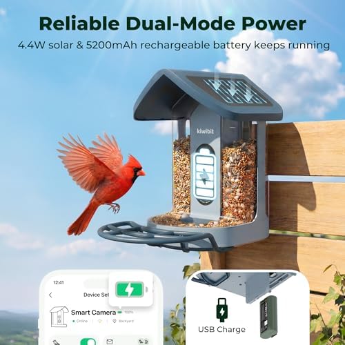 Kiwibit Solar Smart Bird Feeder with Camera, 4K HDR Live Video, AI Bird ID