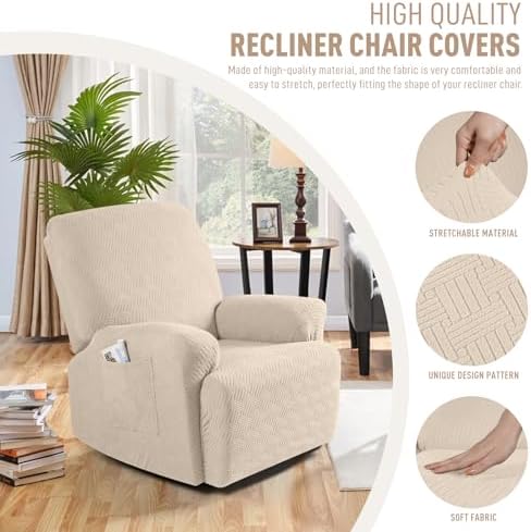 KinCam Recliner Chair Covers, Stretch Reclining Cover, Vanilla
