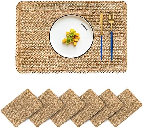 Woven Placemats Set of 6 Rattan Placemats Rectangle Natural Placemats Wicker Heavy Braided Straw Placemat Farmhouse Square Plates Place mats for Indoor/Outdoor Patio Table 17.7'' X 11.8''