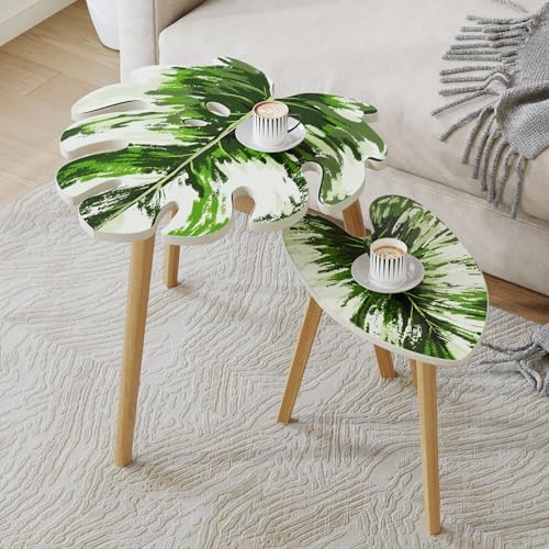 BAMEOS Monstera Leaf Nesting Tables Set of 2, Small Side Tables f Set with Leaf Vein Pattern, Modern Wooden CoffeeTables for Living Room Bedroom Apartment Balcony Yard