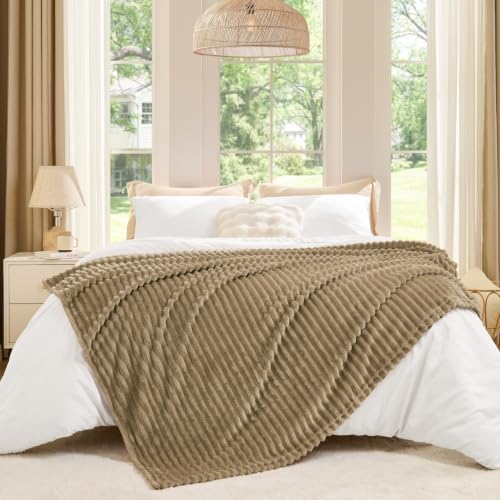 BEDELITE Ribbed Jacquard Brown Fleece Throw Blanket for Couch, 50x70 Inch