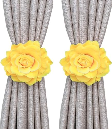Magnetic Curtain Tiebacks, Rose Flower Tie Backs Rope for Curtains, Elegant 4 Pack Decorative Holdbacks Holders, Home Decor Thin or Sheer Window Drapries Bed Canopy (Yellow)