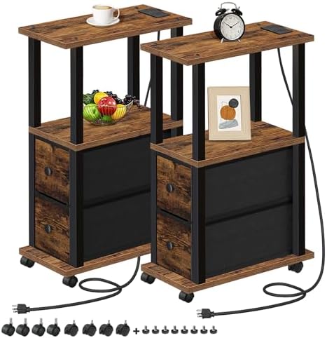 TUTOTAK Small Narrow End Tables, Side Tables with 2 Fabric Drawers, Set of 2, Bedside Tables with Charging Station for Small Spaces, Slim Nightstands with USB Ports and Wheels, TB01BB053C