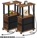 TUTOTAK Small Narrow End Tables, Side Tables with 2 Fabric Drawers, Set of 2, Bedside Tables with Charging Station for Small Spaces, Slim Nightstands with USB Ports and Wheels, TB01BB053C