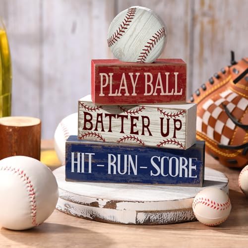 Yuntau 4 Pcs Baseball Table Decoration Wooden Sport Stacked Blocks Sign