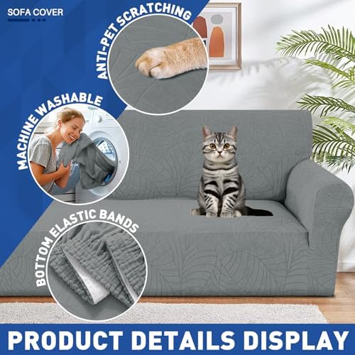 YEMYHOM Couch Cover Latest Jacquard Design High Stretch Sofa Covers for 2 Cushion Couch, Pet Dog Cat Proof Loveseat Slipcover Non Slip Elastic Furniture Protector (Medium, Begonia Leaf Dark Grey)
