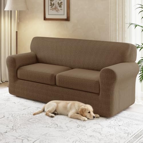 3 Pieces Stretch Sofa Covers for 2 Cushion Couch Loveseat Cover Decorative Slipcovers Non Slip Washable Furniture Protector with Individual Seat Cushion for Pets,(Medium, Coffee)