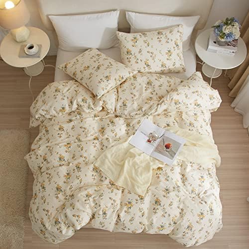 mixinni Aesthetic Floral Duvet Cover Set Queen Size, Farmhouse Boho Yellow Flowers Leaves Cute Bedding Set for Women, 1 Soft Cotton Chic Duver Cover and 2 Pillowcases for All Seasons-Queen Size
