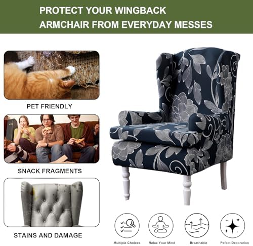 HAOYONG Wing Chair Slipcovers Printed Wingback Chair Covers 2 Pieces Wingback Armchair Slipcover Stretch Chair Slip Covers Washable Armchair Protector Cover for Living Room and Bedroom
