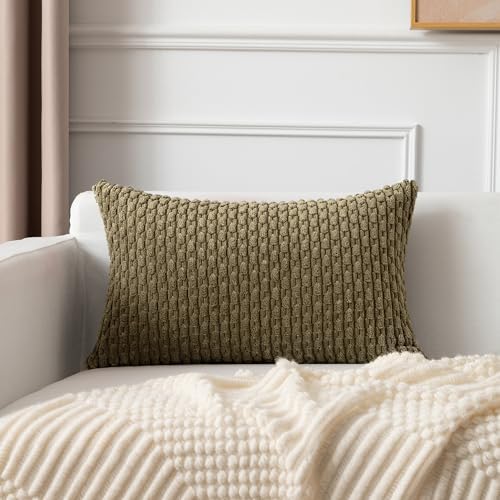 Kevin Textile Soft Corduroy 12"x20" Lumbar Pillow Covers 2 Pack Olive Green