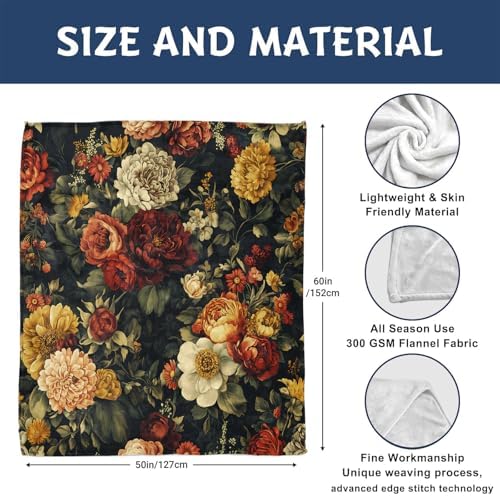 Vintage Floral Blanket, Dark Botanical Flannel Throw 50x60 Inch