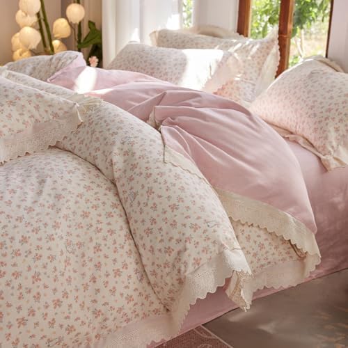 HighBuy Muslin Duvet Cover Queen Vintage Pink Floral Ruffle Lace Coquette Bedding Set French Gauze Textured Soft Breathable Farmhouse Bedding with Zipper Closure & 4 Corner Ties