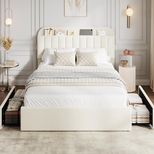 GarveeHome Full Bed Frame, Platform Bed with Storage Headboard & Drawers