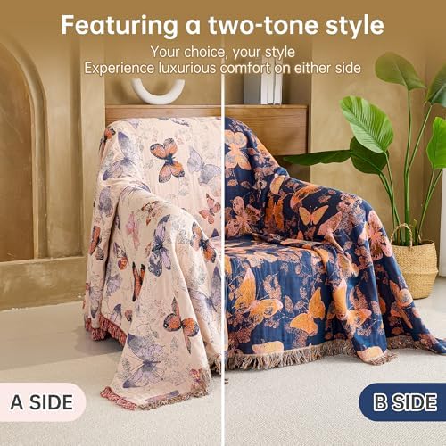 VANJOROY Boho Throw Blanket, 100% Organic Cotton Breathable Ultra Soft 50" x 60" Bed Quilt Throw - All Season Floral Rustic Farmhouse Decor Luxury Reversible Blanket for Sofa Couch Chair and Gift