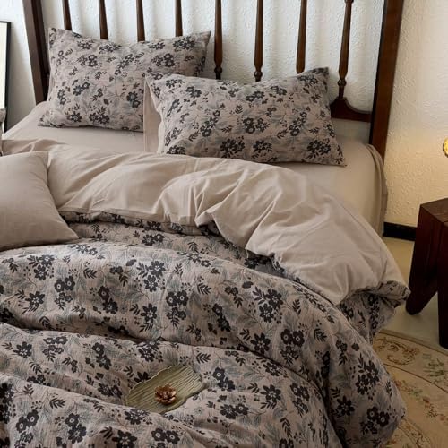 BuLuTu Vintage Muslin Duvet Cover Set Full, 100% Cotton Linen Like Comforter Cover Boho Floral Quilt Cover with 2 Pillowcases, 80"x90", Soft Breathable Bedding Set, Zipper & Corner Ties