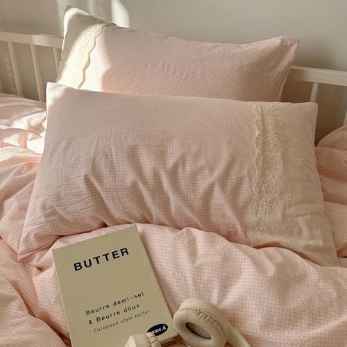 Lace Duvet Cover Set Twin(68"x86"),Pink Gingham