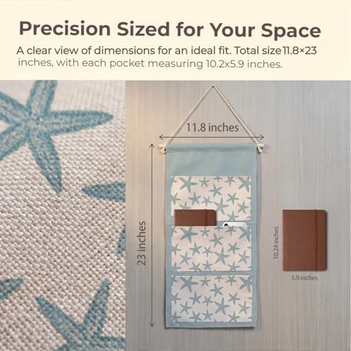 IAXIC Canvas Wall Hanging Organizer with Pockets Fish Extender Hanging Pouch Starfish Print Door Closet Organizers Fabric Storage Pockets Wall Decoration