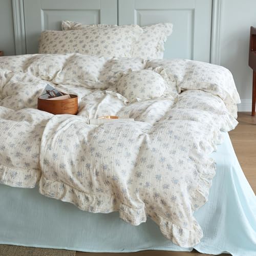 BuLuTu Muslin Cotton Ruffles Duvet Cover Set Twin, Chic Shabby Toddler Kids Twin Bedding Set - Blue Floral Comforter Cover 68"x86"+ 2 Pillowcases, Fressia Pattern, Zipper Closure, 4 Ties