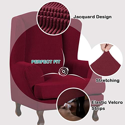 Turquoize Wingback Chair Covers 2 Piece Wing Chair Slipcover Stretch Slipcovers for Wingback Chairs Wing Chair Cover Spandex Jacquard Fabric with Elastic Bottom Non-Slip Furniture Cover, Burgundy