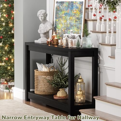 Besiost Small Farmhouse Wood Entryway Table Narrow Console Table with Storage Behind Couch Sofa Table with Shelves Entry Way Table with Open Storage, Easy Assembly, 32" Embossed Wood Grain Black