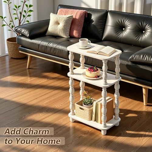 Narrow Side Table, Farmhouse Side Tables, 3-Tier Small End Table for Living Room, Couch Side Table for Skinny Spaces, Bedside Table Nightstand for Bedroom(White)