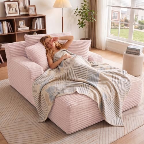 66" Chaise Lounge Chair Indoor, Corduroy Upholstered Reading Chair Oversized Boneless Chair with Deep Seat, Cloud Lounge Chair with 3 Pillows for Living Room, Bedroom, No Assembly Required