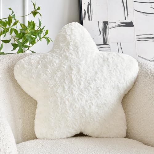 Star Pillow, 14.9" Star Shaped Plush Pillow for Couch Bed Sofa, Cute Decorative Throw Pillows with Soft Faux Fur Room Decor for Bedroom Living Room (White)