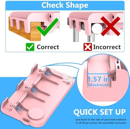 Hiree Bedside Shelf for Dorm Bunk Bed with USB Charging Port and 2 AC Outlets, Bed Side Table Tray Organizer, College Dorm Essential, Clip On Bedside Tray, Cool Teen Girls Trendy Stuff (Pink)