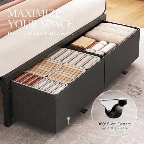 Twin Bed Frame with Storage Drawers and Charging Station, Grey