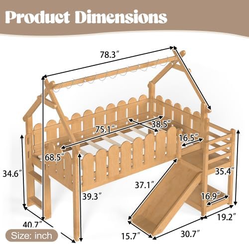 Bellemave Low Loft Bed Twin with Slide and Lights Strip for Kids, Natural