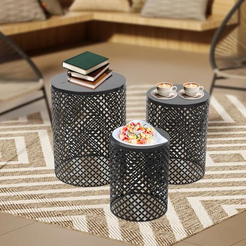 Set of 3 Outdoor Side Table, Garden Stool for Patio, Metal Accent Table Modern End Table, Patio Side Table for Garden, Balcony, Bedroom Indoor Outdoor Decorative, Jet Black