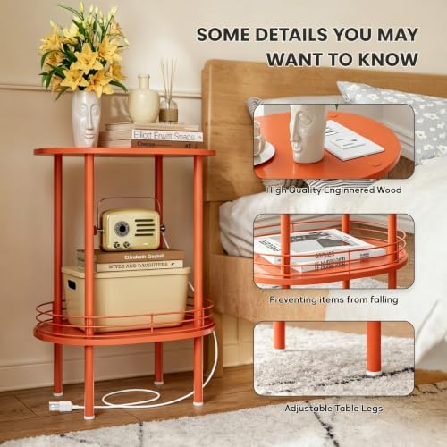 Small Oval Side Table with Charging Station, 2-Tier Orange Round End Table