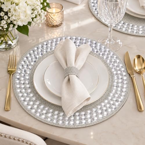 Beaded Round Placemats 13 Inch, Handmade Silver Stone Border Round placemat